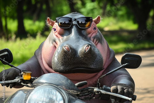 Hippo riding motorcycle with sunglasses in nature
