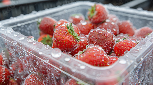 A close-up of fresh, ripe strawberries covered with dewdrops, stored in a clear plastic box, showcasing freshness and ready-to-eat convenience. photo