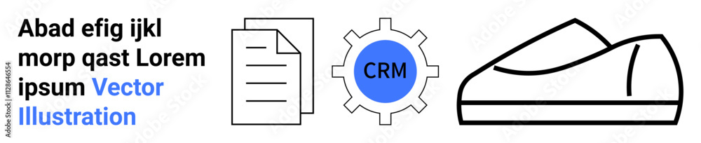 Paper document, gear with CRM label, casual shoe, and placeholder text. Ideal for business, technology, document management, customer relationship, CRM, footwear, minimalistic designs. Landing page Paper document, gear with CRM label, casual shoe, and placeholder text. Ideal for business, technology, document management, customer relationship, CRM, footwear, minimalistic designs. Landing page