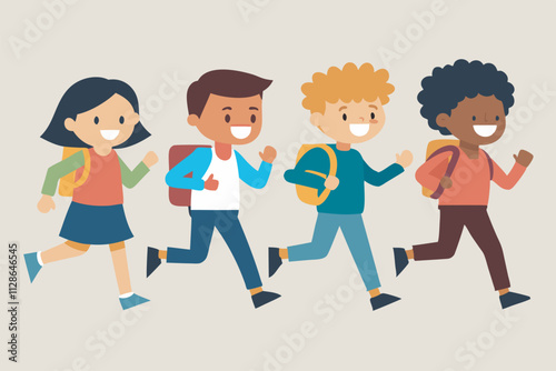 Four diverse children run happily side by side in an image, each representing a different nationality, dressed in colorful attire, showcasing energy and joy.