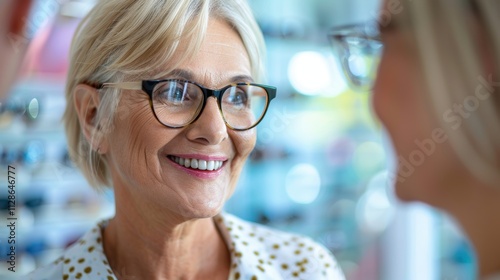 Elderly woman with glasses examining her reflection while a customer selects vision lenses or frames in an optical store, expressing satisfaction with their eyewear choice for eye health