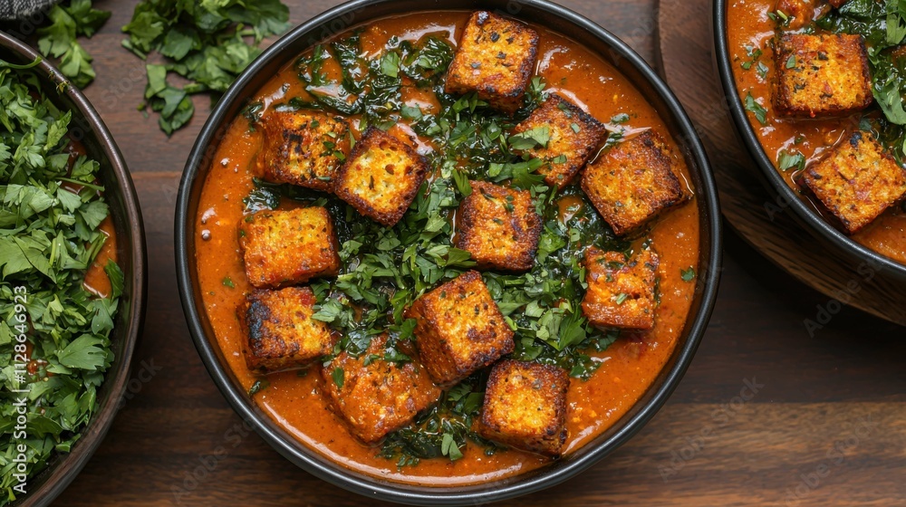 A vibrant Indian curry featuring crispy paneer cubes garnished with fresh cilantro, served in a bowl. Perfect for a nutritious meal. A vibrant Indian curry featuring crispy paneer cubes garnished with fresh cilantro, served in a bowl. Perfect for a nutritious meal.