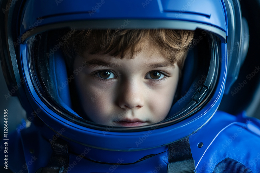 Young boy in blue space suit preparing for adventure