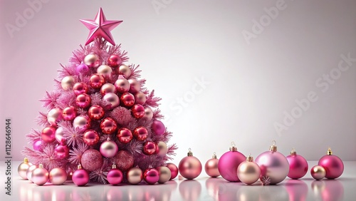 Beautiful Pink Christmas Tree Decorated with Sparkling Pink Balls and Stars, Isolated on White Background for Festive Decor Inspiration and Holiday Cheer