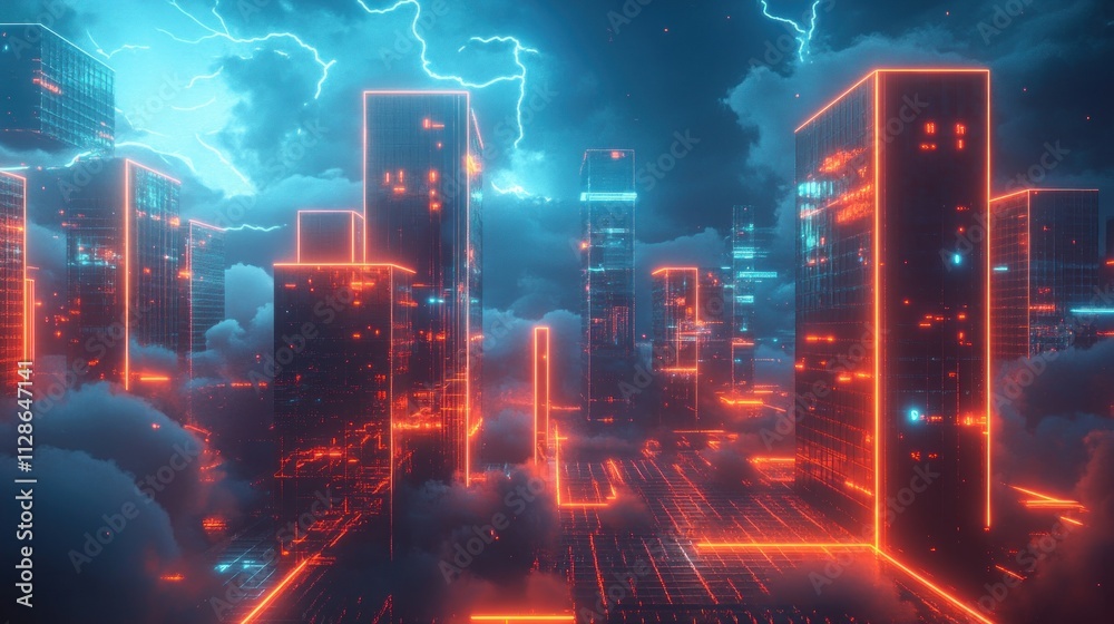 Naklejka premium Futuristic Cityscape Illuminated Neon Towers Stormy Sky