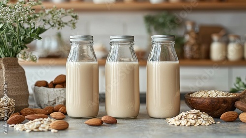 Three glass bottles filled with creamy almond milk are displayed against a neutral background, accompanied by almonds and oats. Healthy ingredients suggest a sustainable lifestyle. photo