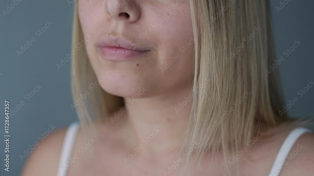 Young caucasian blonde woman holding chewing gum in the hand putting it in her mouth on a dark grey background. Mint bubble gum for fresh breath. Close-up