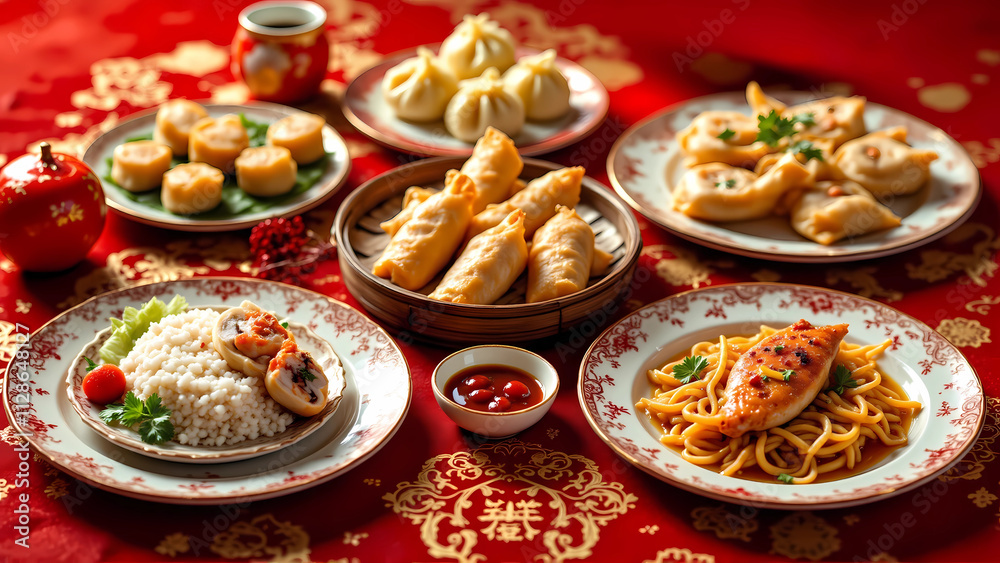 A chinese decorative dinner table set with dumplings, spring rolls, fish, and other traditional dishes, chinese new year festive atmosphere A chinese decorative dinner table set with dumplings, spring rolls, fish, and other traditional dishes, chinese new year festive atmosphere