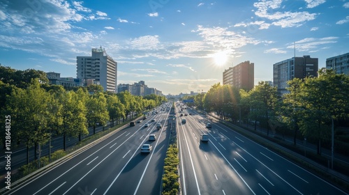 Stunning cityscape at sunset with busy roads and lush green trees lining the streets, a perfect blend of urban and nature.