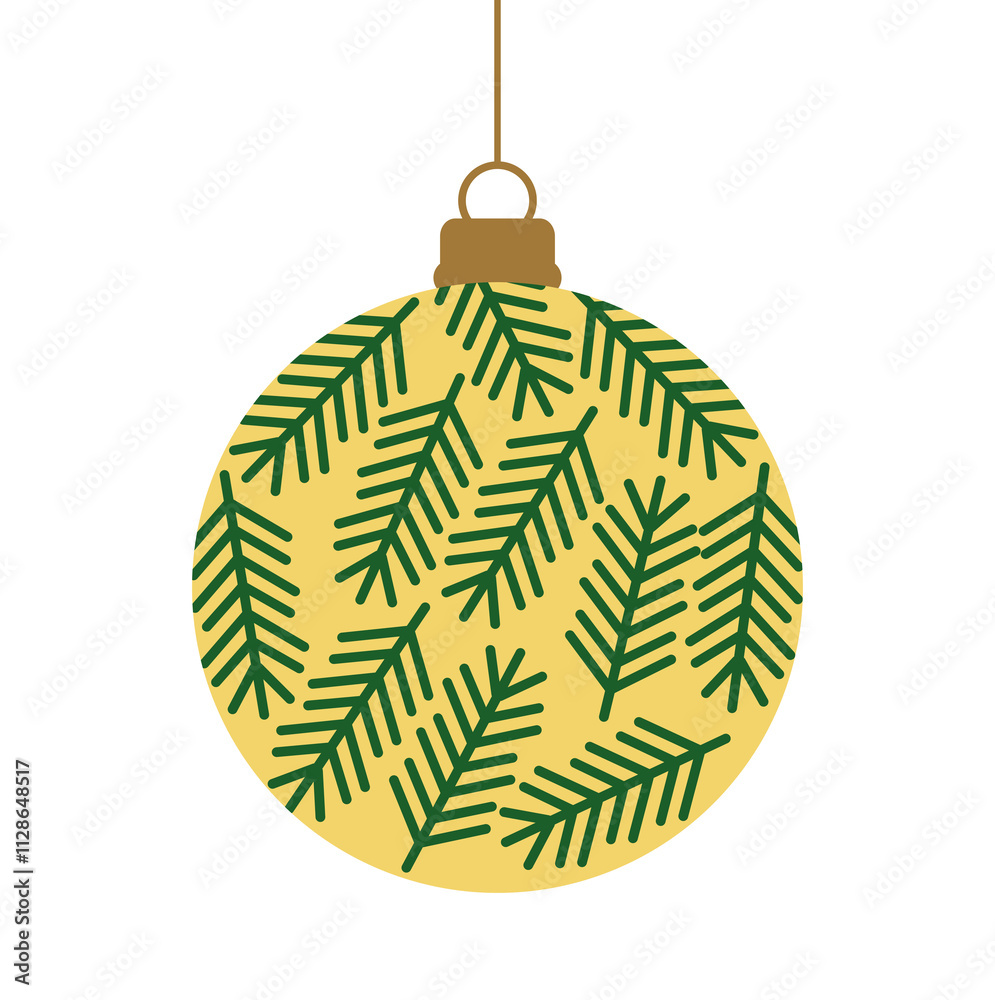 Christmas ball with fir branches pattern. Christmas bauble ornament on transparent background. PNG illustration.