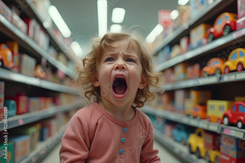 Three year old girl cries in toy store, screams, throws tantrums