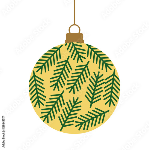 Christmas ball with fir branches pattern. Christmas bauble ornament on transparent background. PNG illustration.