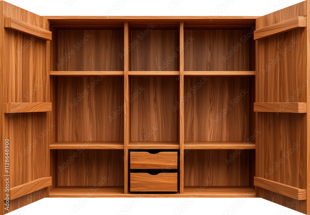 Open wooden cabinet with various shelves Open wooden cabinet with various shelves