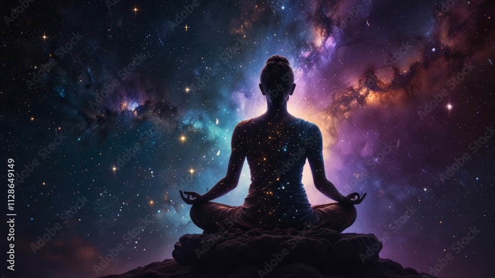A meditating figure in space surrounded A meditating figure in space surrounded