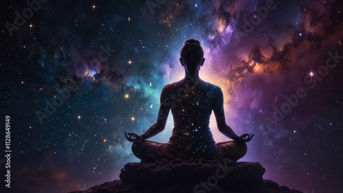 A meditating figure in space surrounded