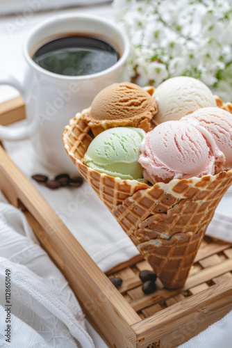 A colorful waffle cone with four scoops of ice cream in pastel shades, accompanied by a cup of black coffee on a wooden tray with floral accents and coffee beans. 