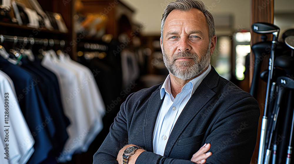 Experienced golf professional posed in an upscale golf store, arms crossed confidently, surrounded by sportswear and golf clubs in a neat display.
Experienced golf professional posed in an upscale golf store, arms crossed confidently, surrounded by sportswear and golf clubs in a neat display.