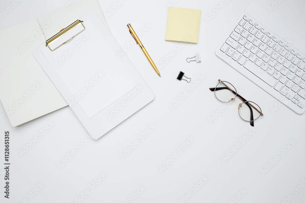 Flat lay composition with copy space. Office workspace and productivity concept. Mock up clipboard Flat lay composition with copy space. Office workspace and productivity concept. Mock up clipboard