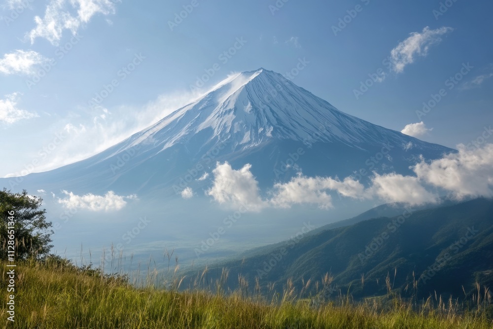 Fototapeta premium Majestic Mount Fuji rising above lush green hills on a clear sunny day