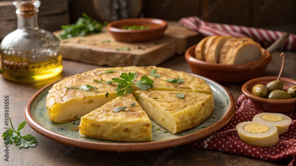Classic Spanish Tortilla Served on Rustic Table Classic Spanish Tortilla Served on Rustic Table
