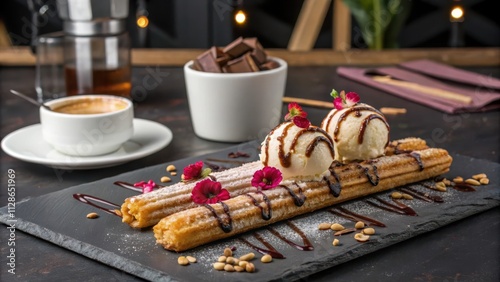 Deconstructed Churro Dessert with Ice Cream and Chocolate Sauce photo