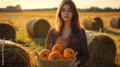 Young Woman Holding Basket of Pumpkins in a Golden Field with Hay Bales