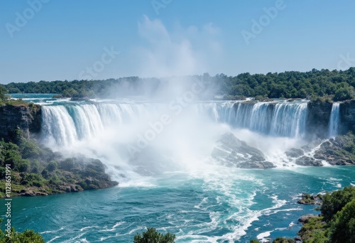 Majestic Waterfall, Lush Foliage, Mist 