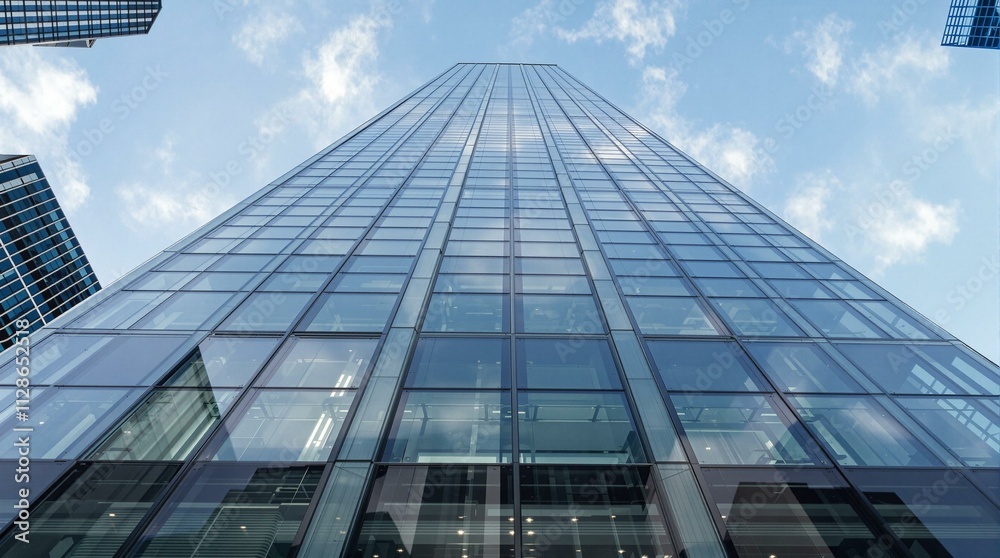 Low-angle shot of a modern skyscraper, showcasing its glass facade and numerous windows stretching to the sky. Low-angle shot of a modern skyscraper, showcasing its glass facade and numerous windows stretching to the sky.