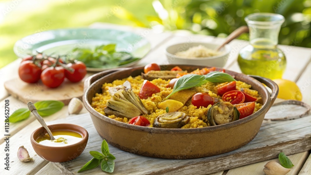 Festive Vegan Paella in Rustic Ceramic Dish with Fresh Ingredients Festive Vegan Paella in Rustic Ceramic Dish with Fresh Ingredients
