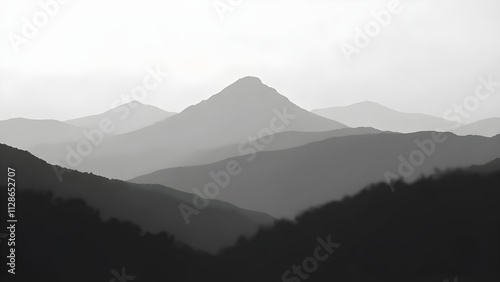 "Majestic Mountain Silhouette: A Striking Grayscale Image Capturing Nature's Raw Beauty in Ultra-Realism"