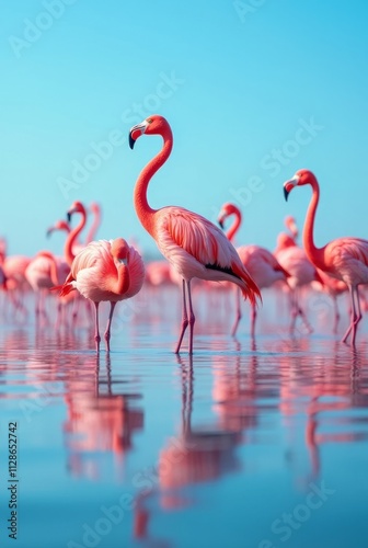 Flamingos standing in shallow water