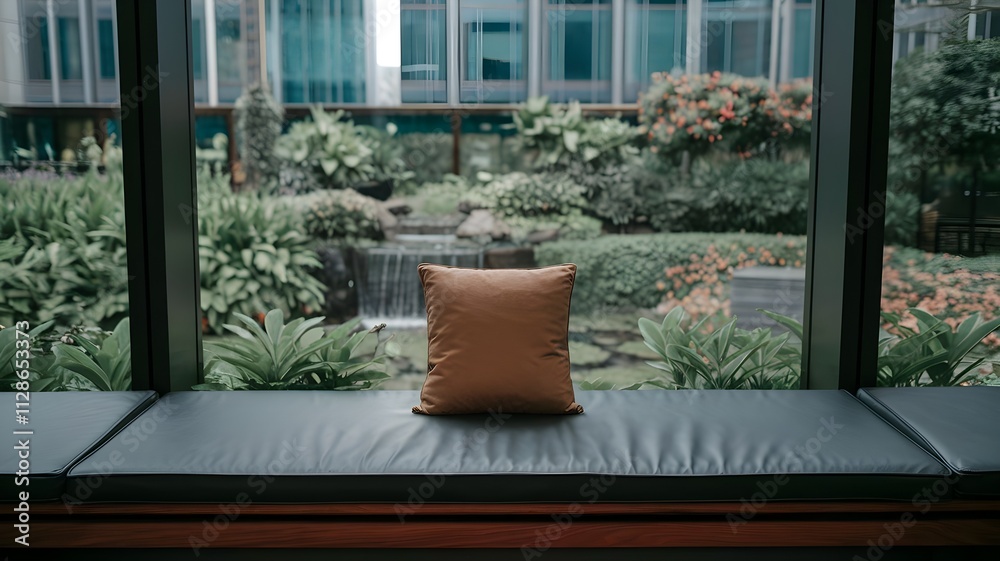 A single cushion placed on a wide window seat overlooking a garden A single cushion placed on a wide window seat overlooking a garden