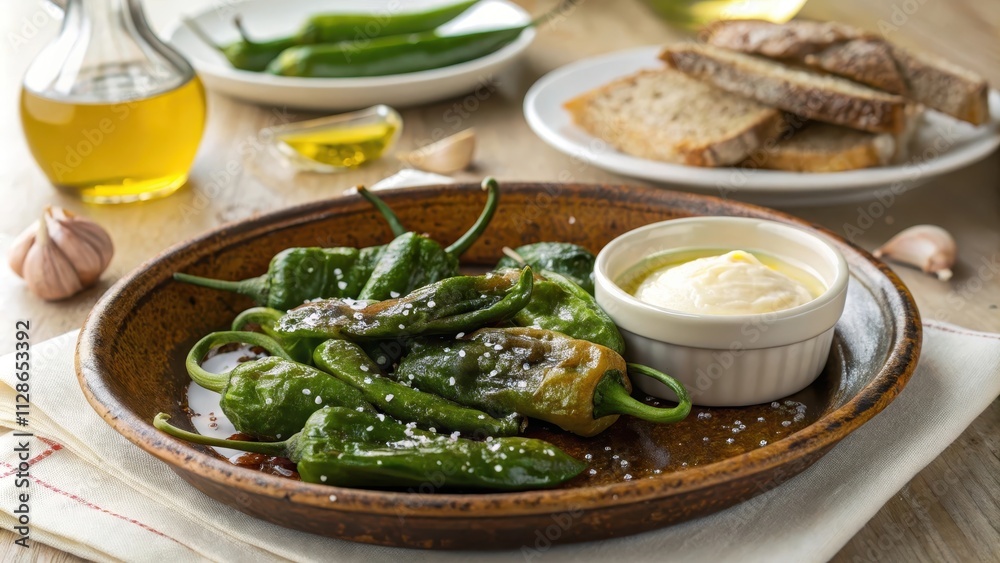 Pimientos de Padron with Garlic Aioli on a Rustic Wooden Table Pimientos de Padron with Garlic Aioli on a Rustic Wooden Table