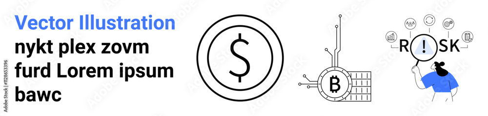 Dollar sign, bitcoin symbol with circuit and grid, person magnifying glass text RISK. Ideal for finance, cryptocurrency, investment, risk management, economic analysis, financial planning. Landing Dollar sign, bitcoin symbol with circuit and grid, person magnifying glass text RISK. Ideal for finance, cryptocurrency, investment, risk management, economic analysis, financial planning. Landing