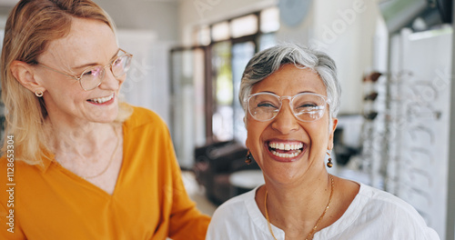 Glasses, store and consulting with people for eye care, healthcare and optometry. Shopping, lens check and frame choice with customer in clinic for ophthalmologist, vision and prescription help