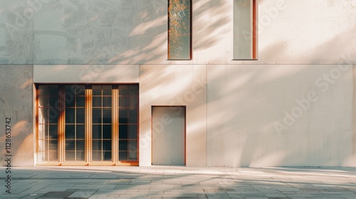 Elegant minimalist Parisian building, wall with windows and doors, sunlit afternoon, serene urban environment, no people visible.