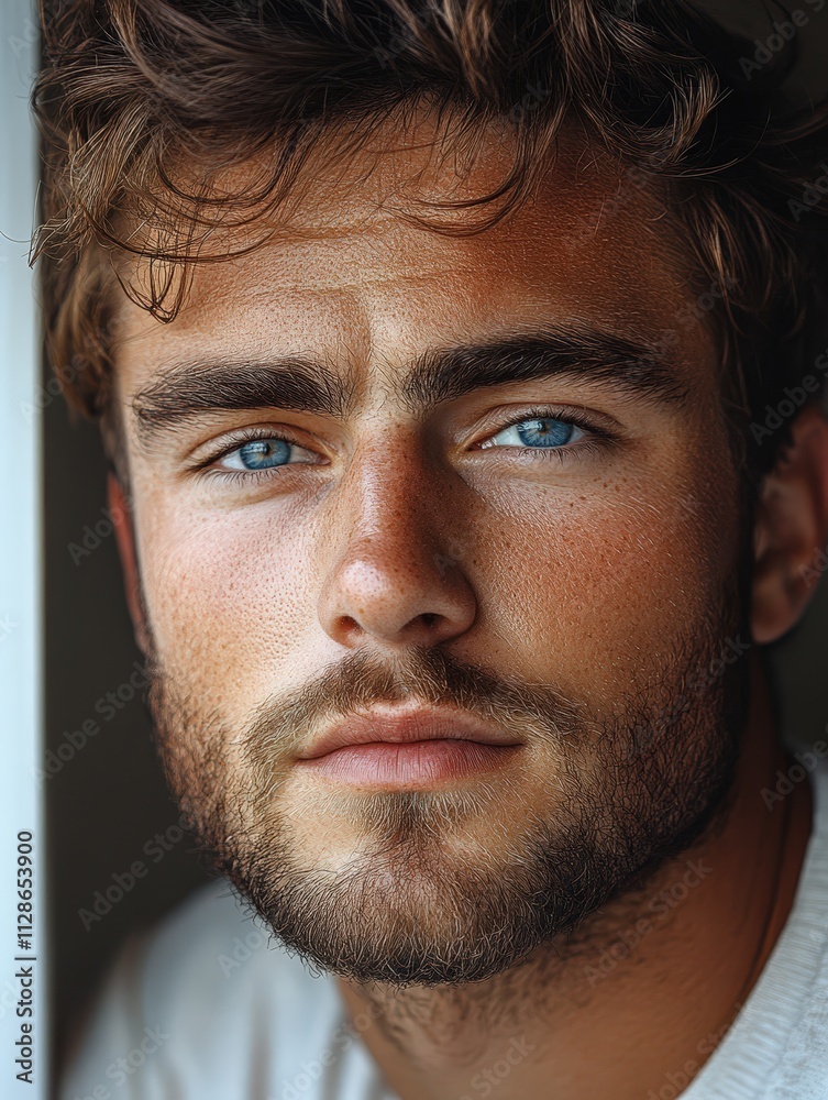 Obraz premium Handsome man with captivating blue eyes gazing thoughtfully at the camera indoors