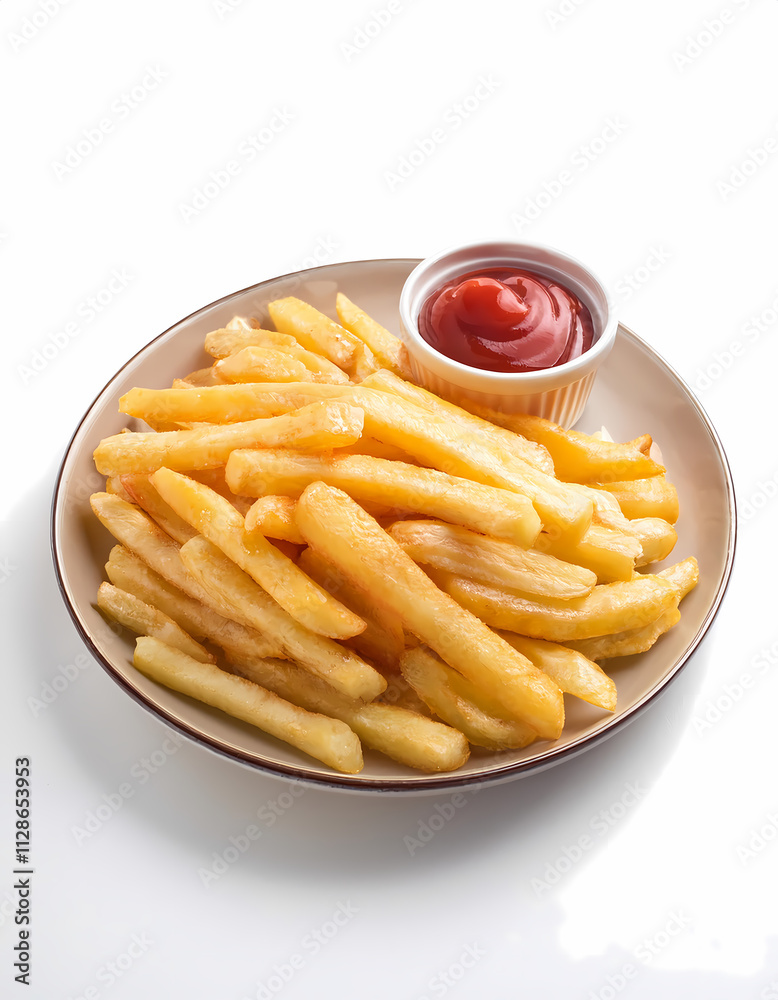Crispy Golden French Fries with Ketchup on a Plate Delicious Fast Food Meal Crispy Golden French Fries with Ketchup on a Plate Delicious Fast Food Meal