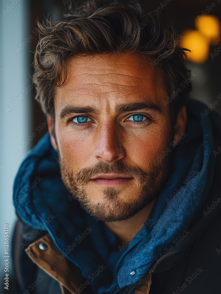 Handsome man with striking blue eyes and a warm expression in a cozy setting Handsome man with striking blue eyes and a warm expression in a cozy setting
