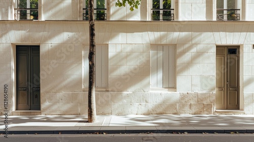 Elegant minimalist Parisian building, wall with windows and doors, sunlit afternoon, serene urban environment, no people visible.