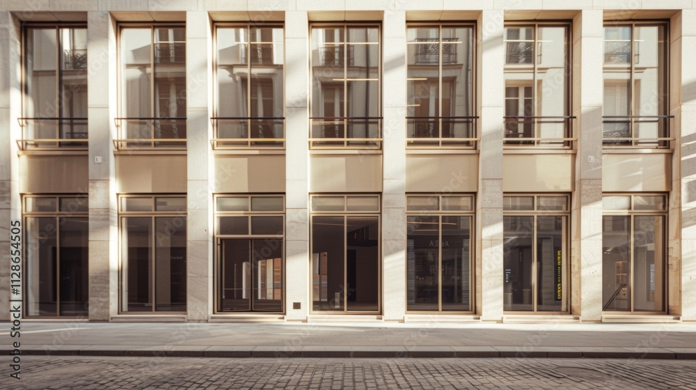 Front view of a modern minimalist Parisian building, with a complete wall of windows and doors, bathed in warm sunlight on a quiet afternoon, creating a tranquil urban scene with no people.