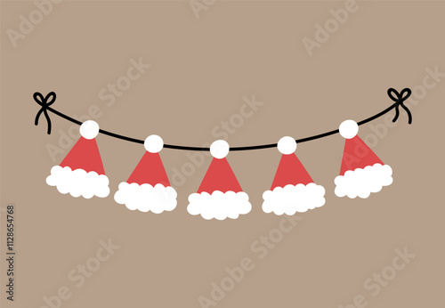Festive garland of red Santa hats strung along a black ribbon. Suitable for season and holiday decorations. Vector hand-drawn illustration in flat style.