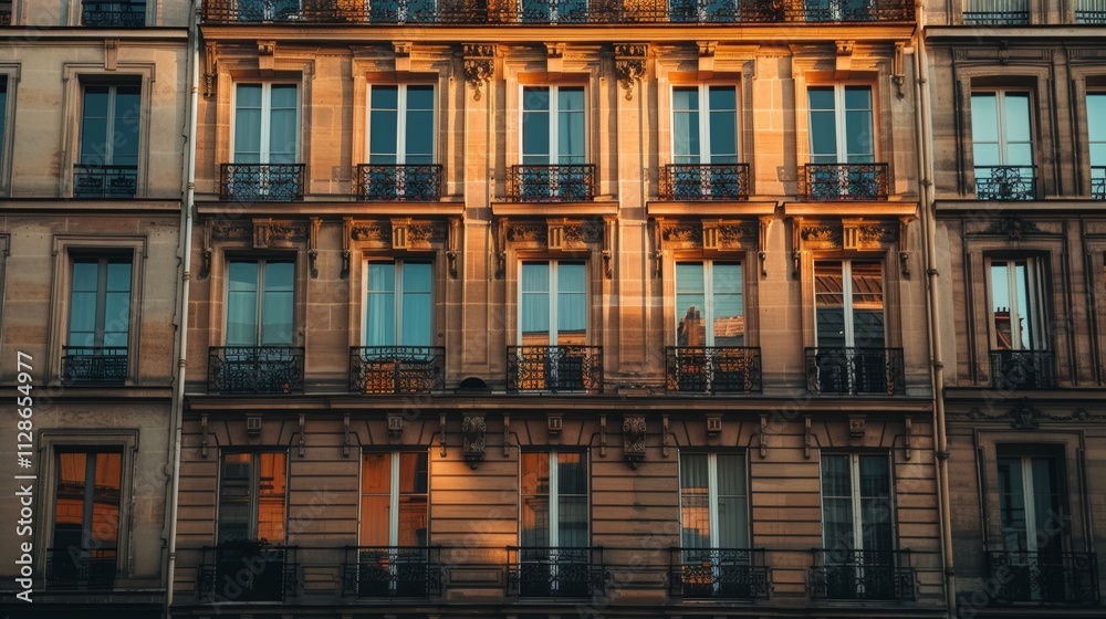 Elegant Parisian building, modern facade, full wall with windows and doors, sunny afternoon, serene urban environment, no people visible.