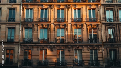 Obraz na płótnie Elegant Parisian building, modern facade, full wall with windows and doors, sunny afternoon, serene urban environment, no people visible. w salonie