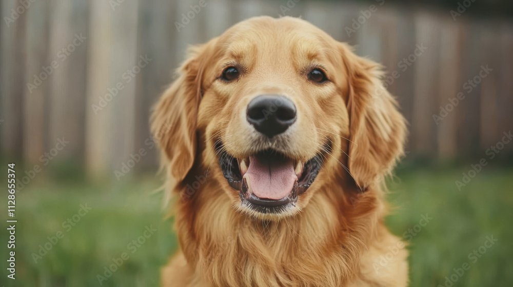 pet parent care safety. Happy golden retriever smiling in green backyard setting pet parent care safety. Happy golden retriever smiling in green backyard setting