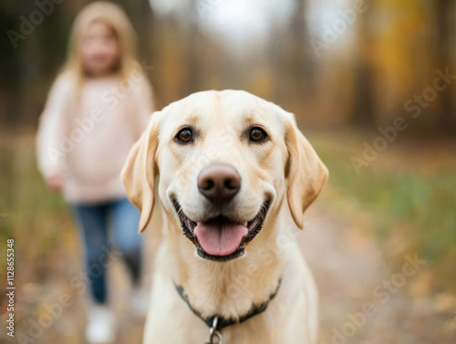 pet parent care safety. Happy dog walking on trail with child in autumn scenery