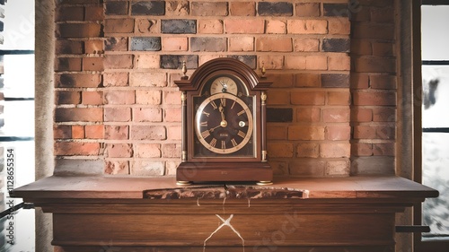 A vintage clock placed on a lone wooden mantelpiece