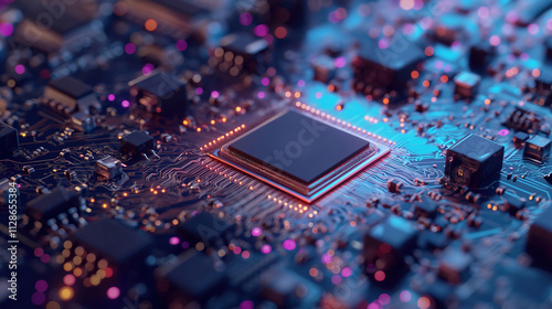 AI technology CPU chipset on a printed circuit board with selective focus
