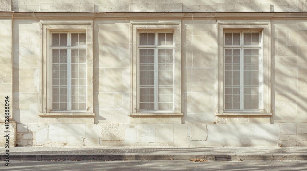 Minimalist Parisian architecture, full wall with windows and doors, sunny afternoon light, serene and peaceful, no people.