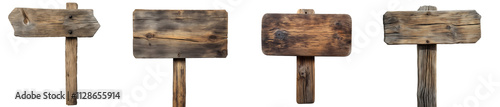 Set of wooden signpost with arrows isolated on transparent white background.